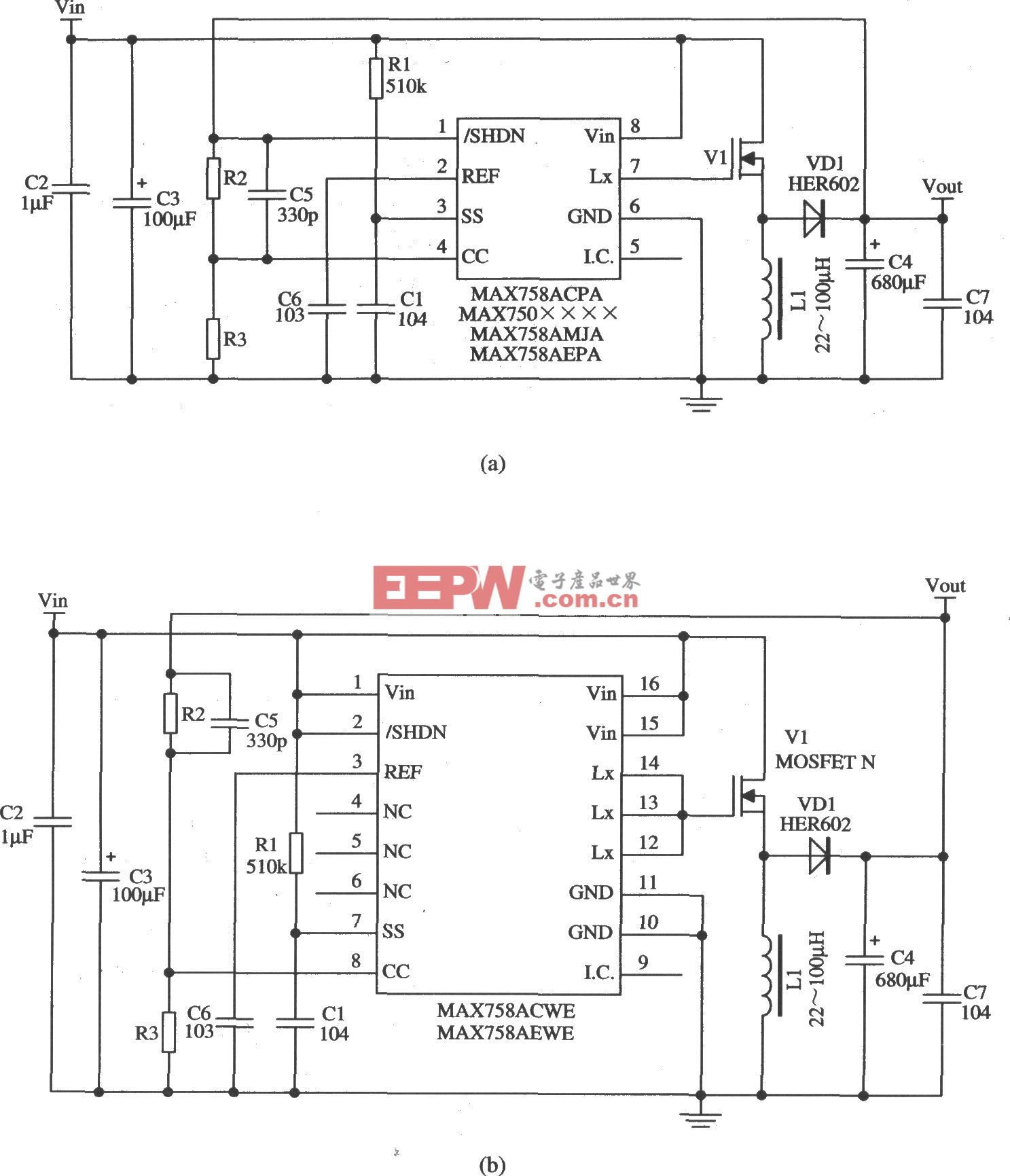 MAX758A构成的升压型扩展输出电流的稳压器应用电路