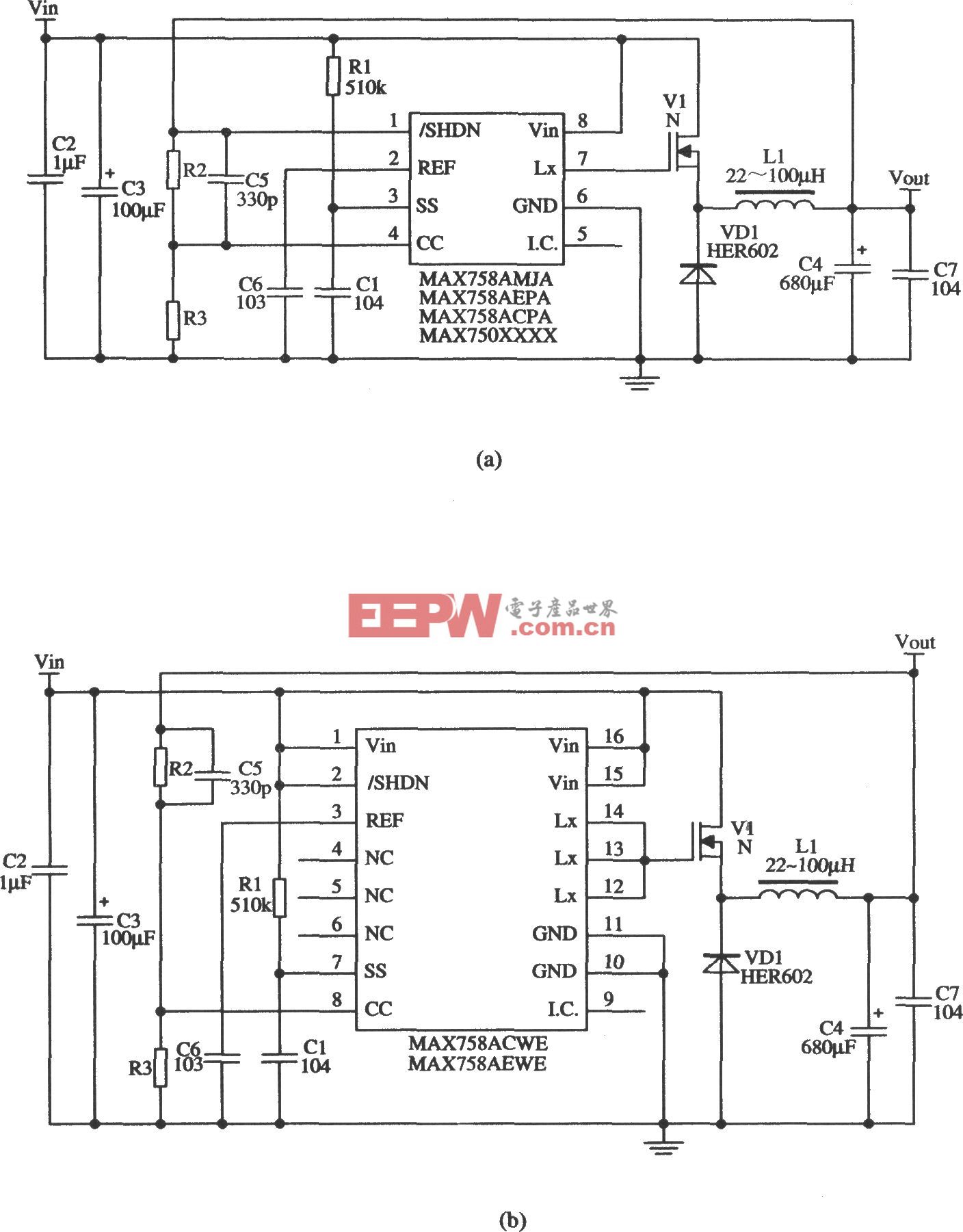 MAX758A构成的扩展输出电流的稳压器电路