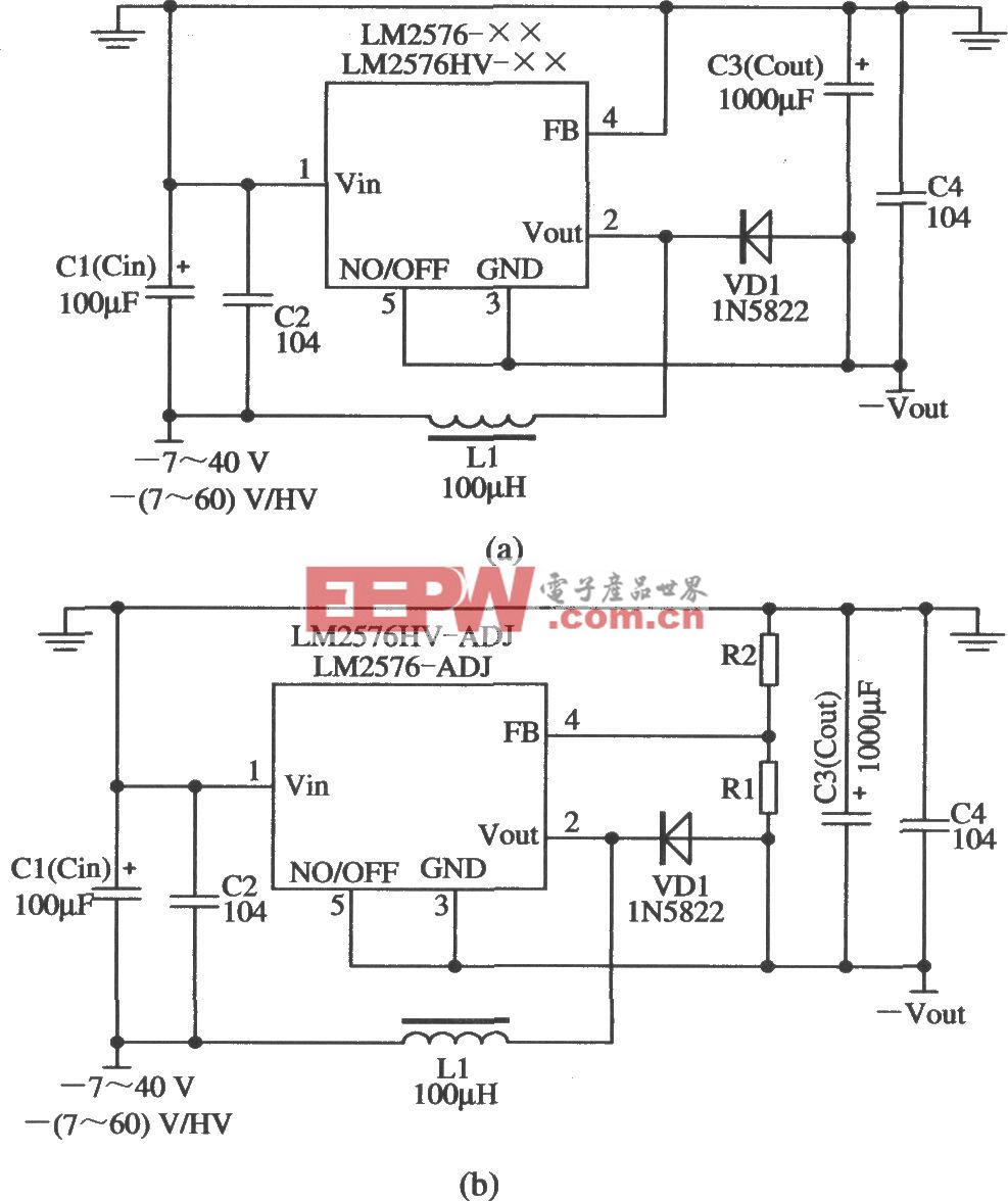 LM2576构成的负电压输入和负电压输出的稳压器应用电路