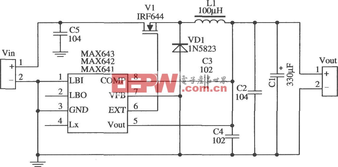 MAX641/MAX642构成降压型输出电流较大的应用电路