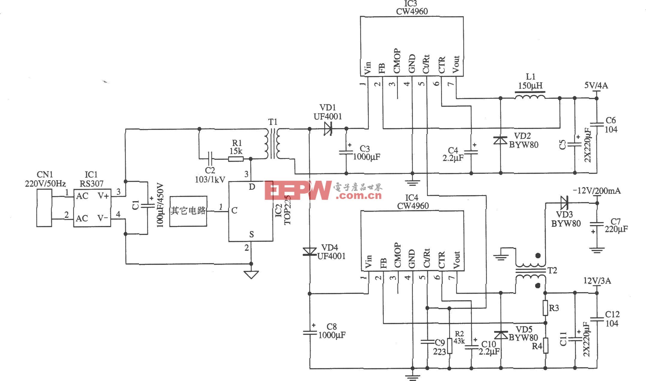 CW4960组成的开关电源降压后作为前级输入电源