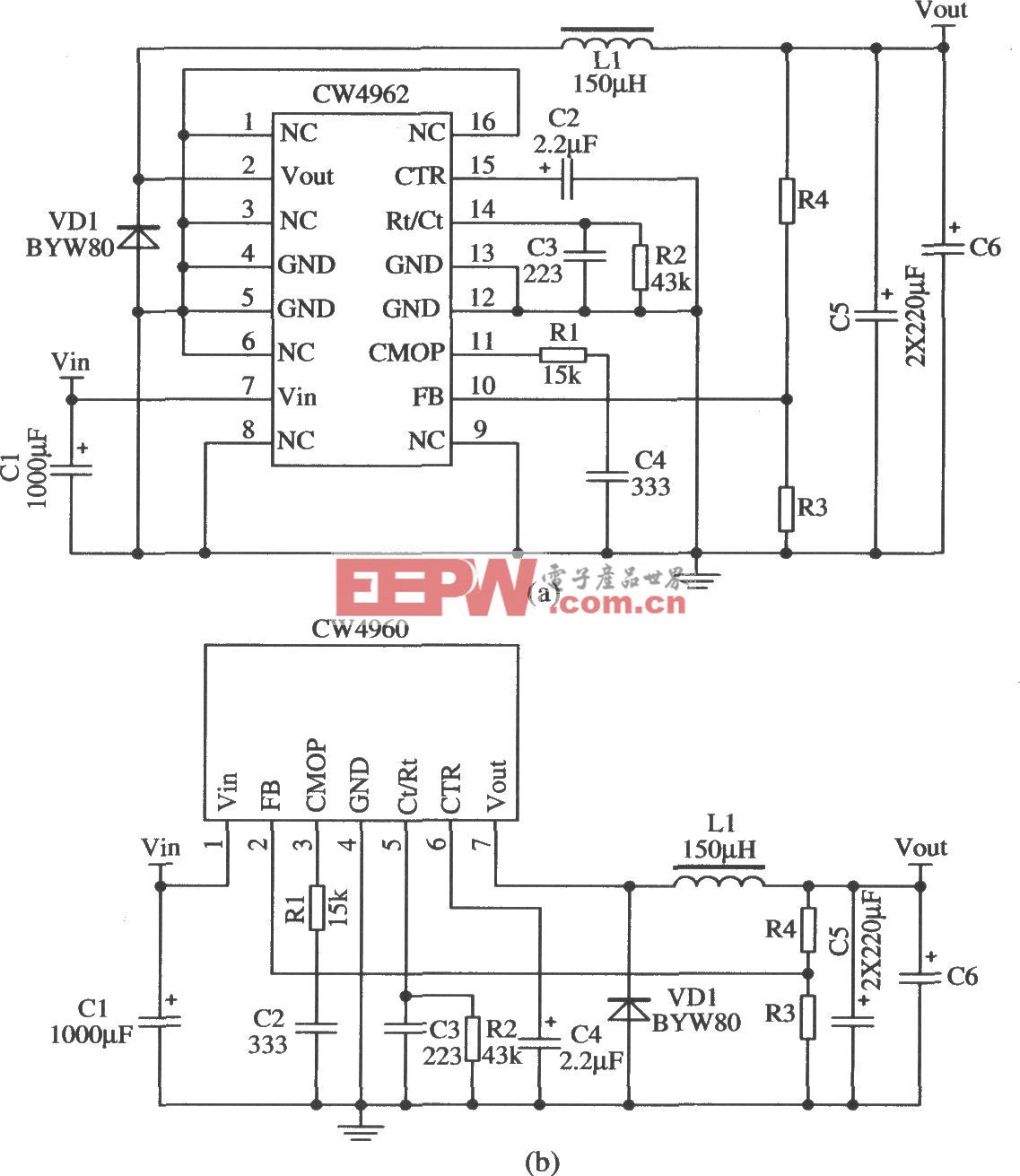 开关集成稳压器CW4962／CW4960的典型应用电路