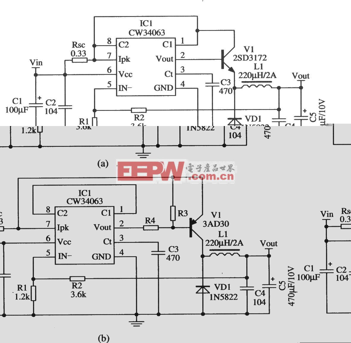 CW34063构成的降压型扩大输出电流的应用电路