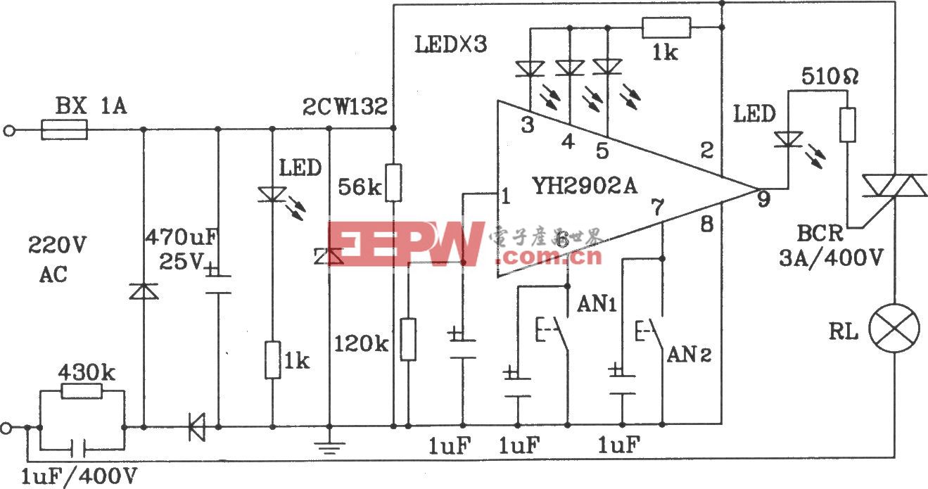 由YH2902A多功能定时控制模块构成多功能延时照明灯控制电路