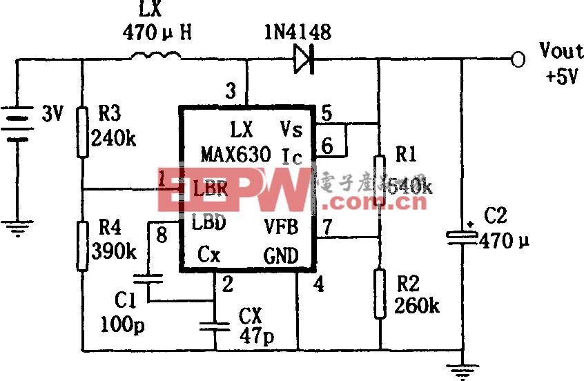 MAX630构成的具有频率自动偏移特点的升压变换电源