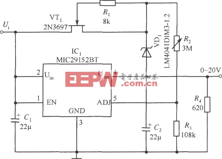 MIC29152BT构成的输出电压0～20V连续可调的稳压器电路