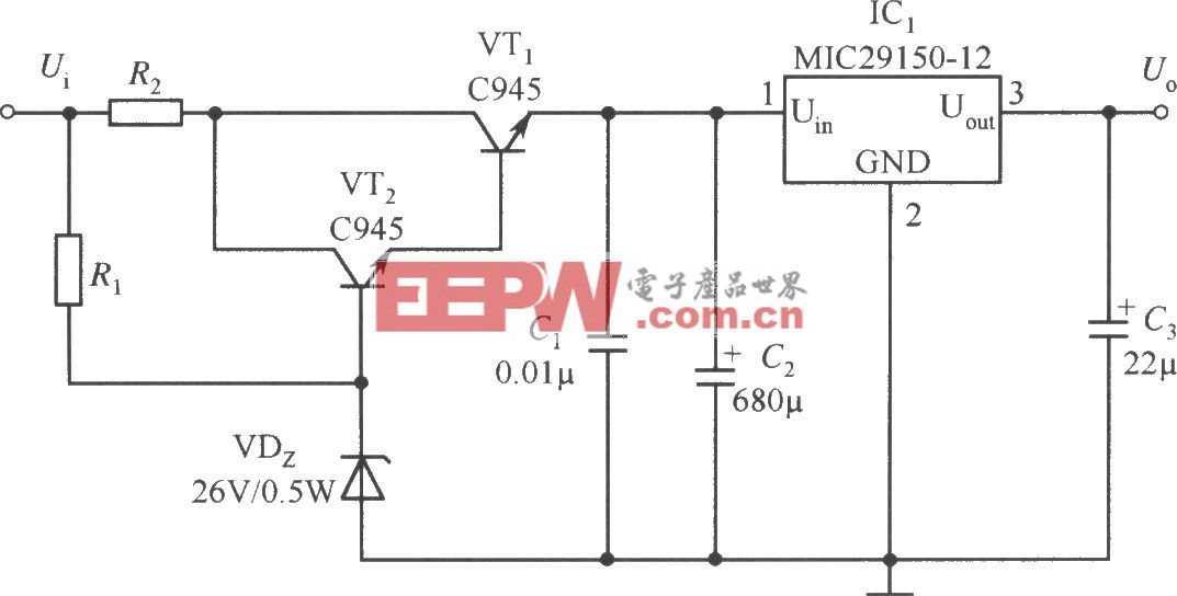 MIC29150-12構成的具有寬輸入電壓范圍的穩壓器電路
