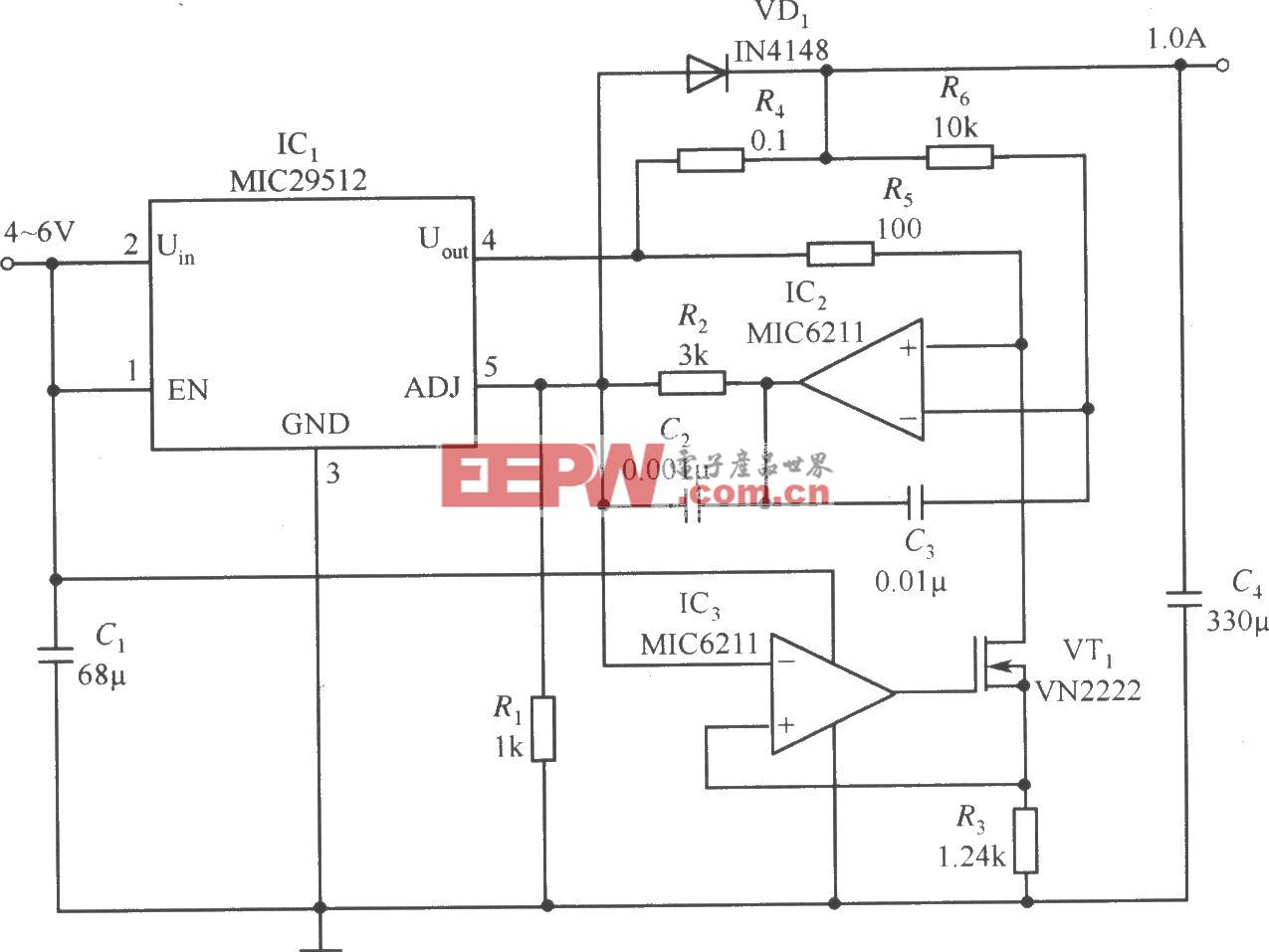 MIC29152构成的输出电流为1.0A的恒流源电路