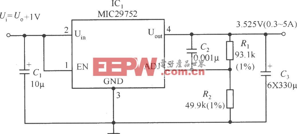MIC29752构成的在负载变化范围很大的情况下也能稳定输出的稳压器电路