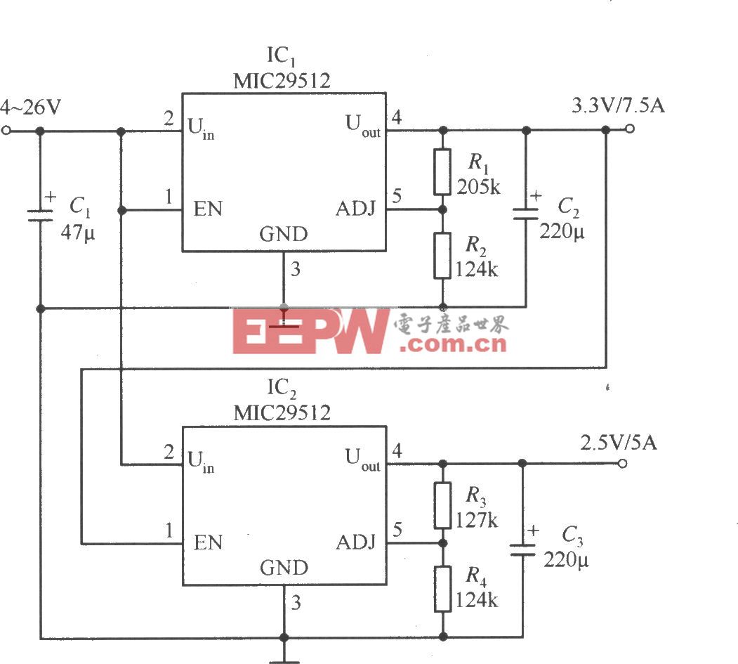 MIC29752和MIC29512构成的互锁输出式稳压器电路