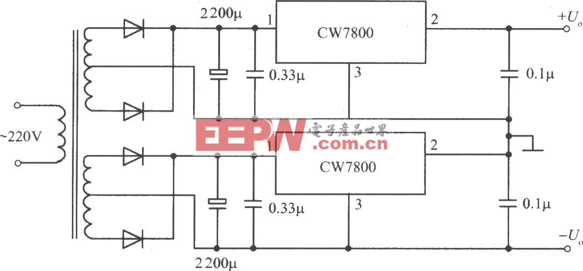 CW7800構成的正、負電壓同時輸出的集成穩壓電源電路