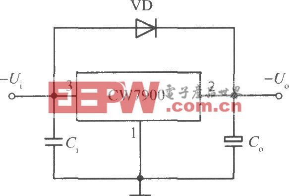 CW7900构成的大容性负载时，保护输入端短路的固定负输出集成稳压电源电路