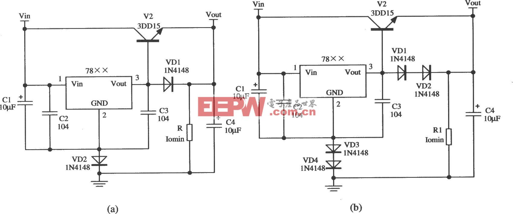 用W78××集成稳压器和NPN型功率管组成的扩大电流的应用电路