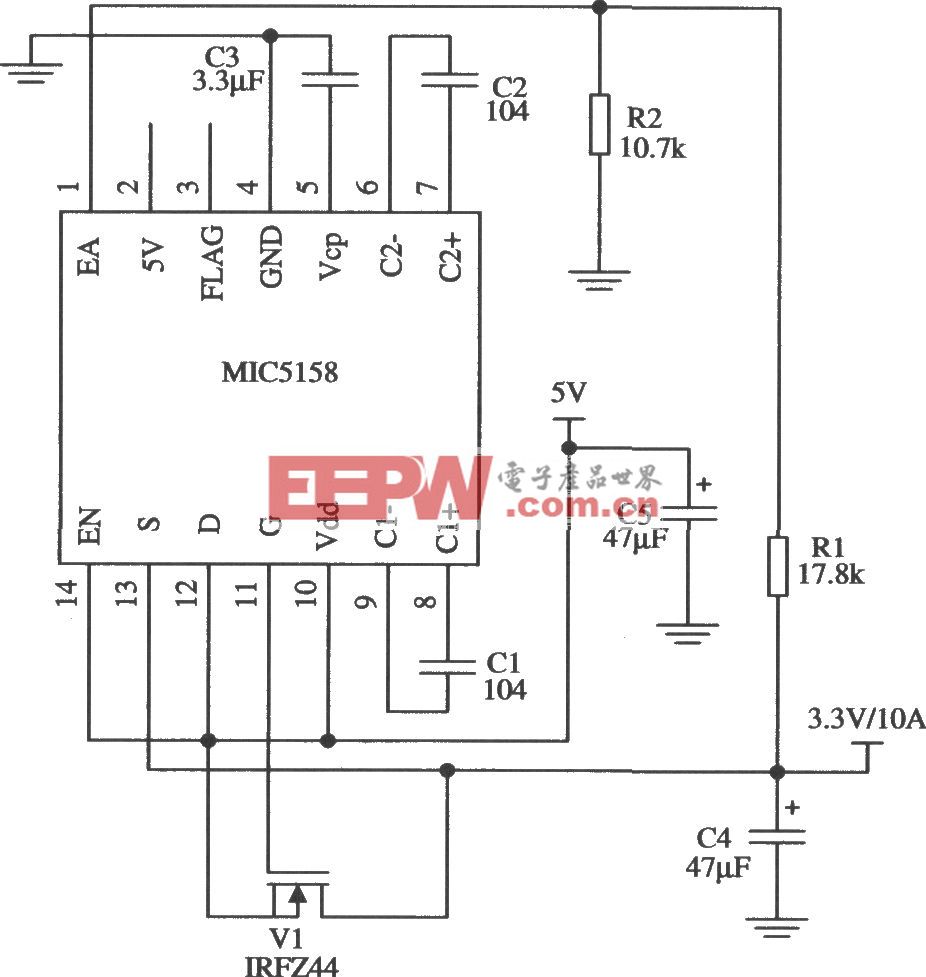 由MIC5158构成的输出大电流的线性稳压器电路
