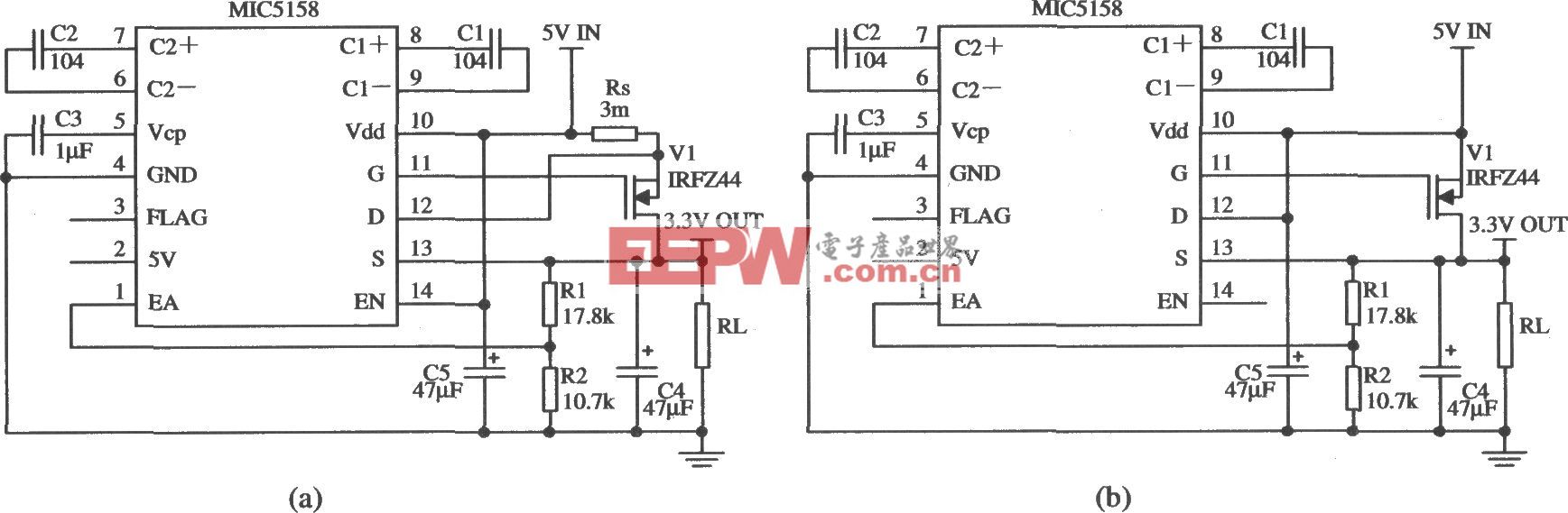 由MIC5158構成的外圍電路簡單的5V輸入、3.3V／10A輸出的線性穩壓器電路