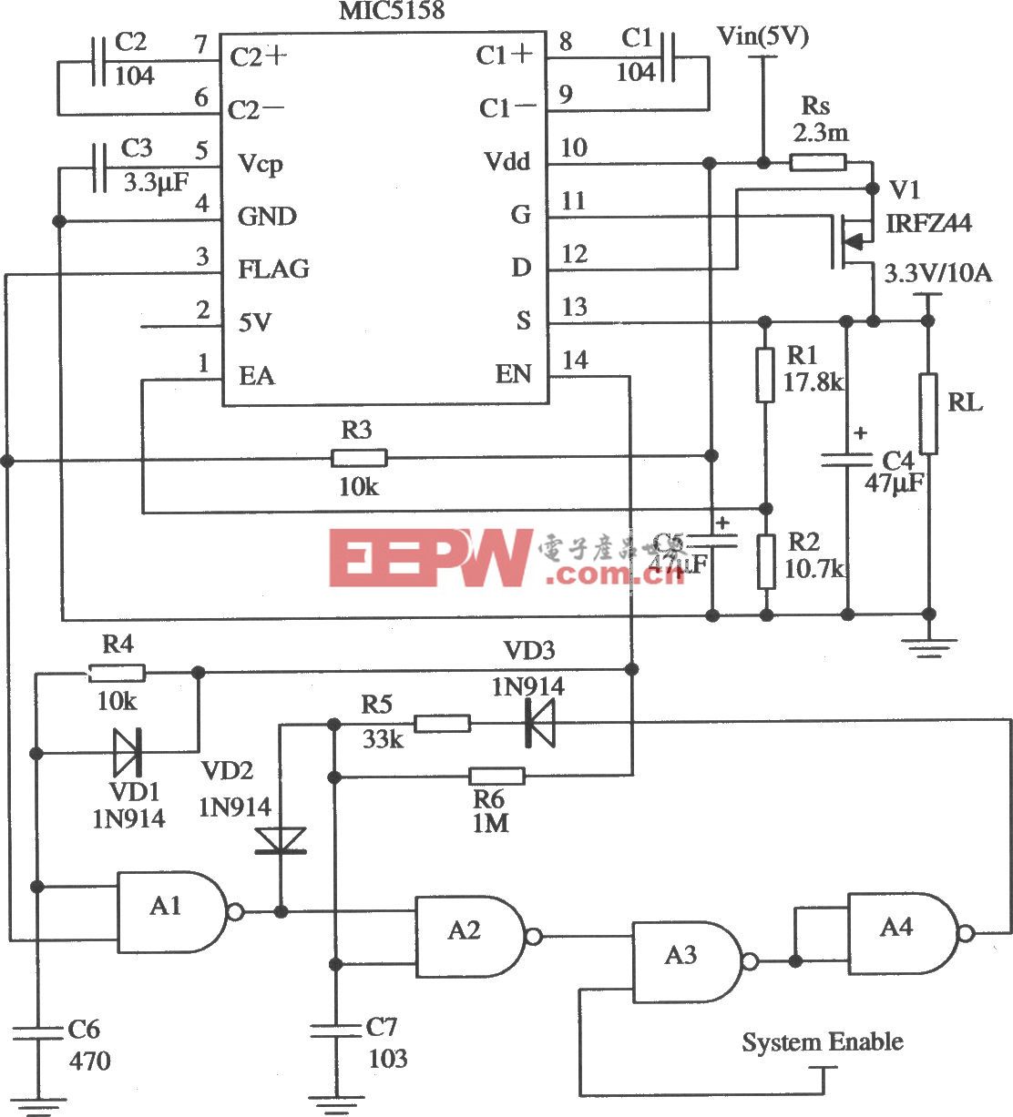 由MIC5158与一些其他器件构成的5V输入、3.3V／10A输出并且具有短路保护功能的线性稳压器电路