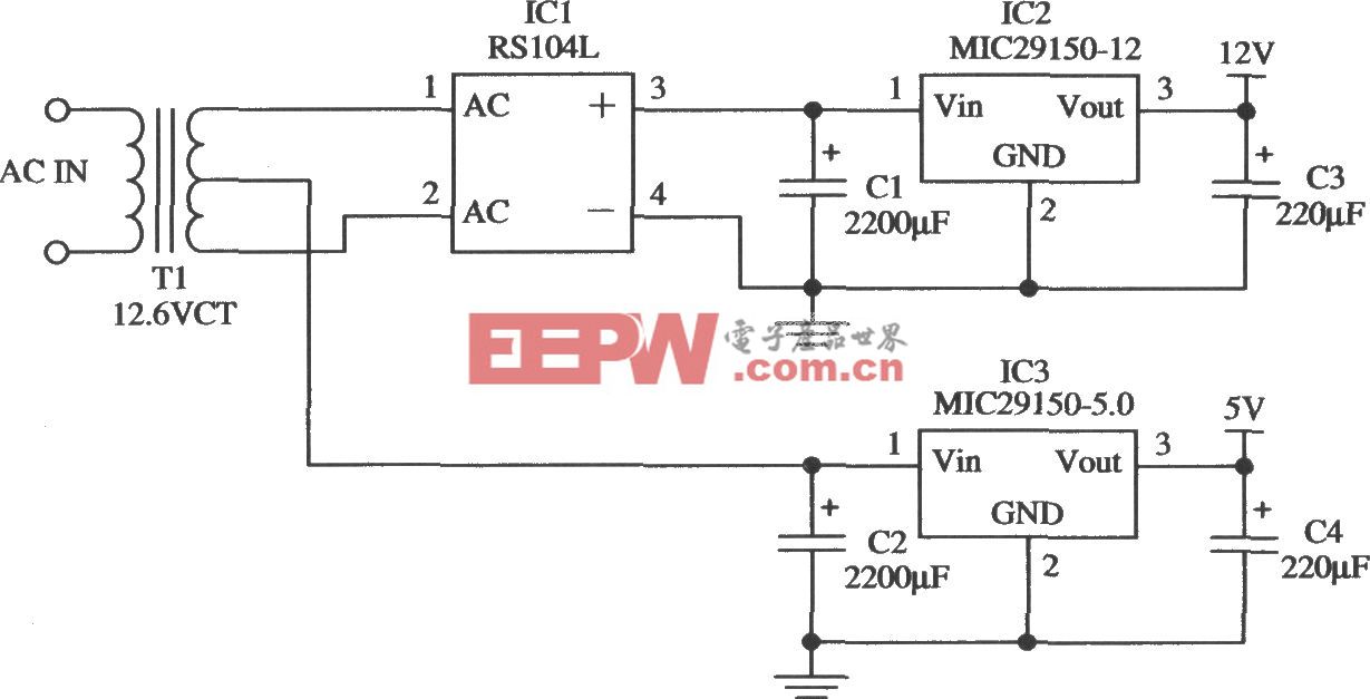 由MIC29152-12和MIC29150-5.0構成的低成本的雙路輸出的穩壓器電路