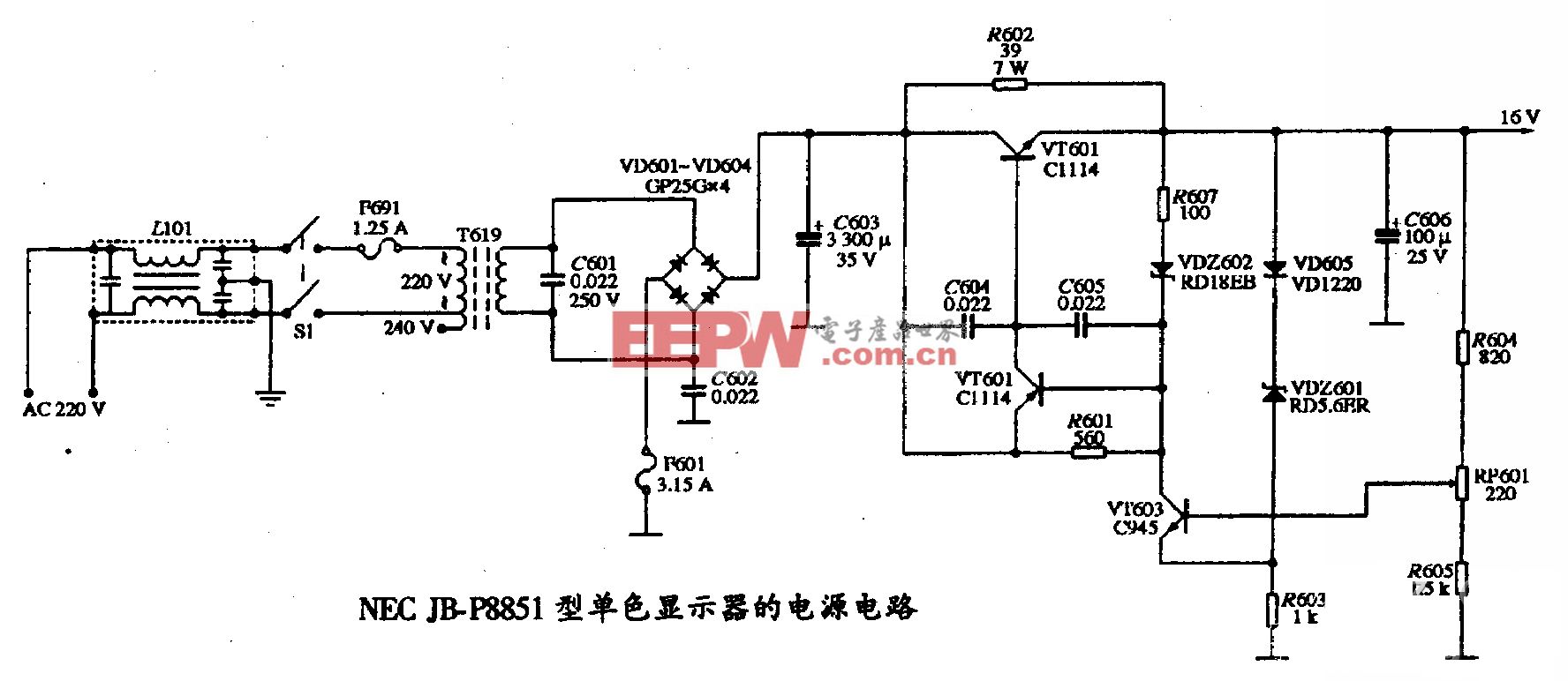 NEC JB-P8851型單色顯示器的電源電路圖