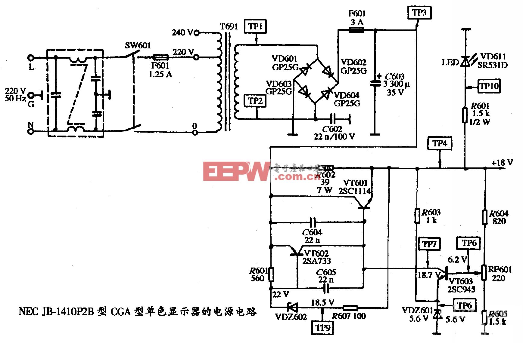 NEC JB-1410P2B型CGA型单色显示器的电源电路图