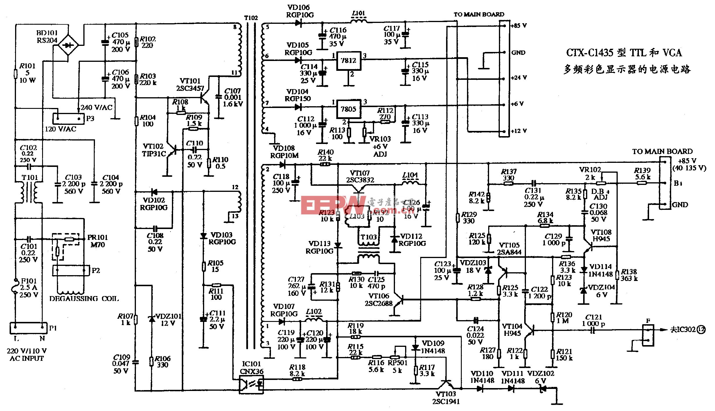 CTX-C1435型TTL和VGA多频彩色显示器的电源电路图