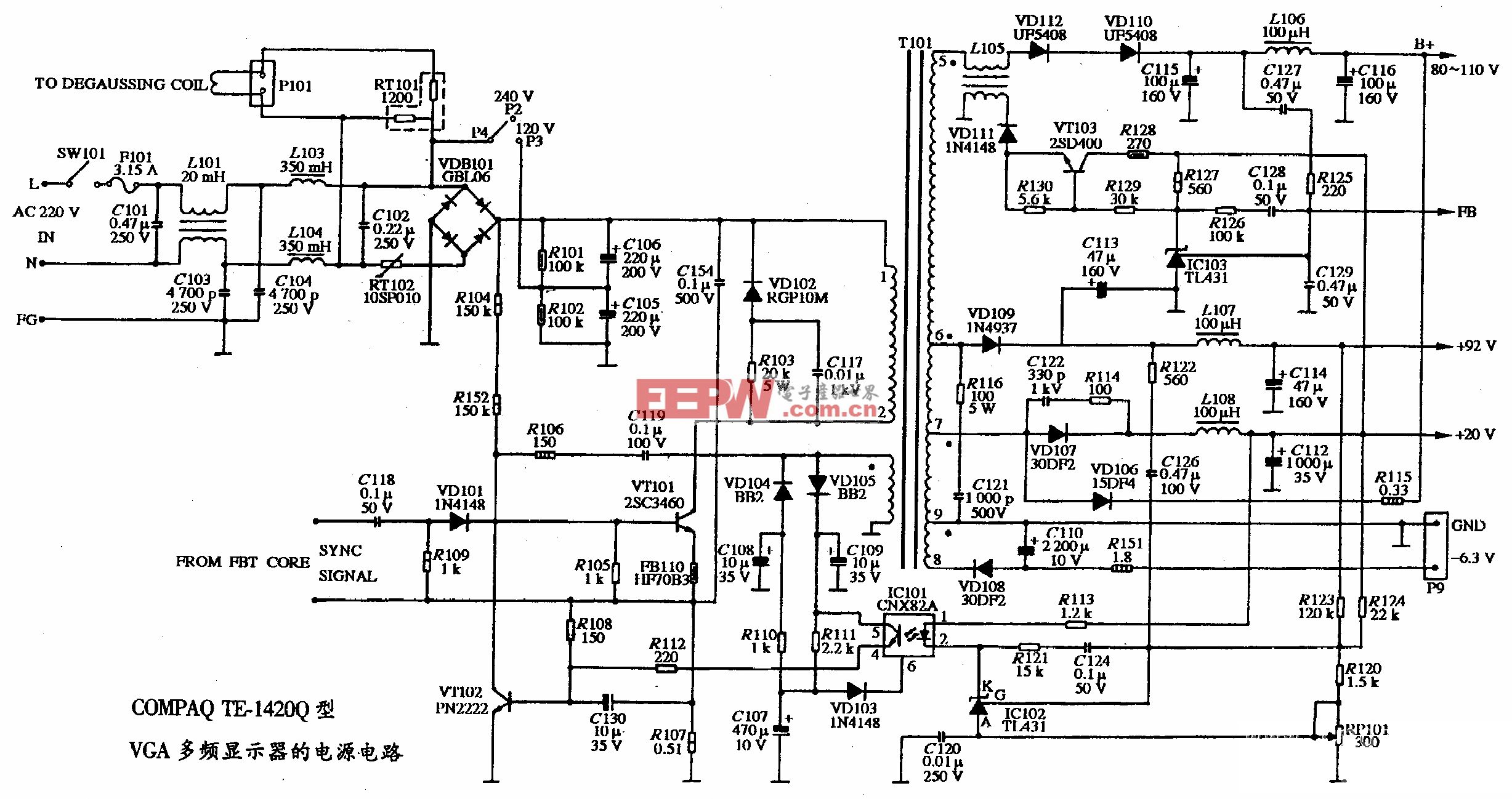 COMPAQ TE-1420Q型VGA多频显示器的电源电路图
