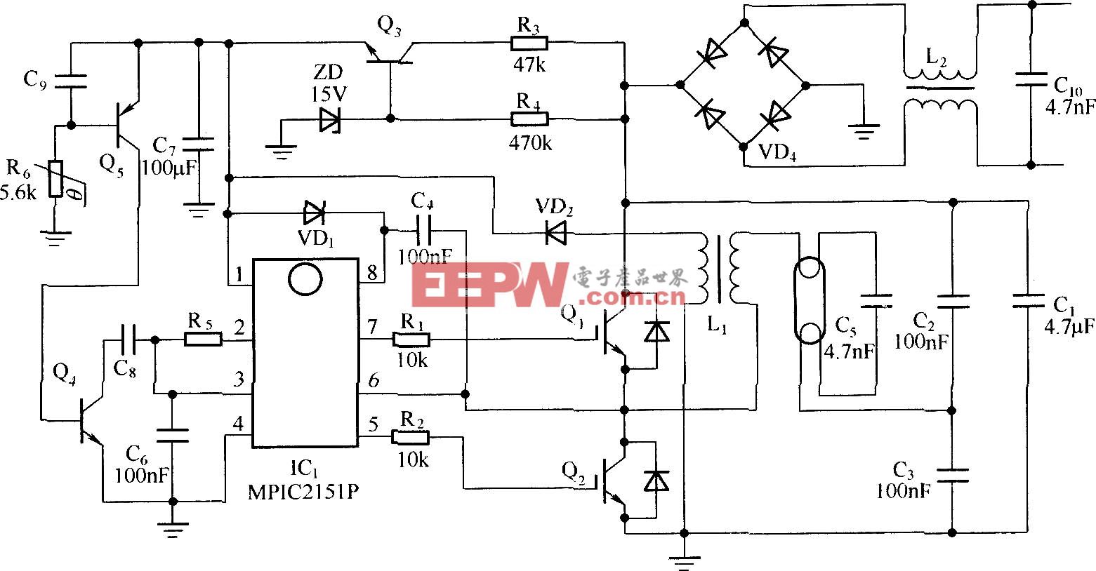 以MPIC2151P和PowerLuxTM IGBT构成的CFL电子镇流器电路