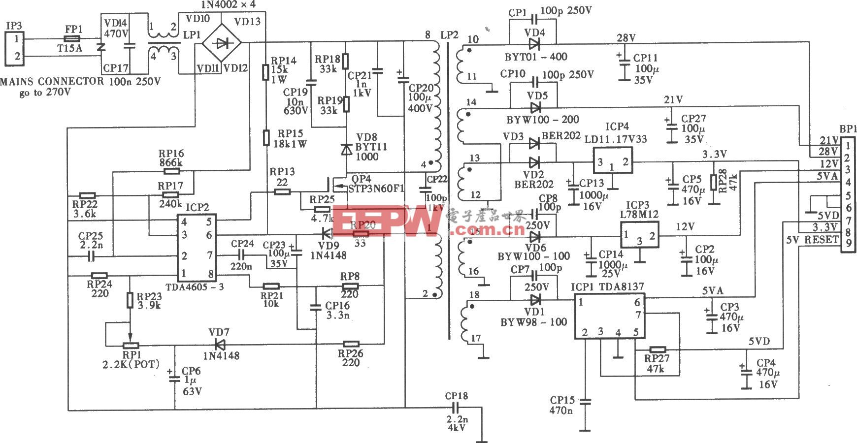 百胜P-3500型数字卫星电视接收机电源电路