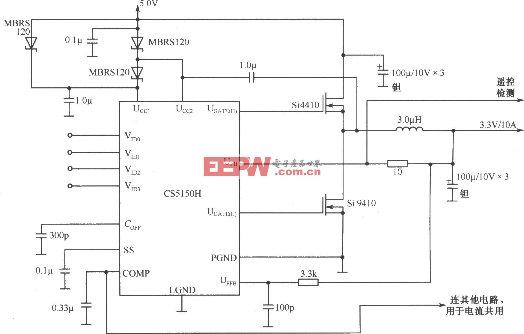 4位编码同步降压控制器CS5150H构成的有电流共用的5.0V至3.3V／10A变换器