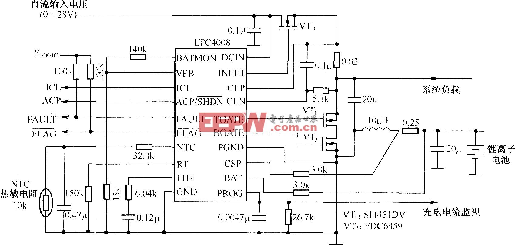 4A／12.3V锂离子电池充电器电路(LTC4008为控制芯片)