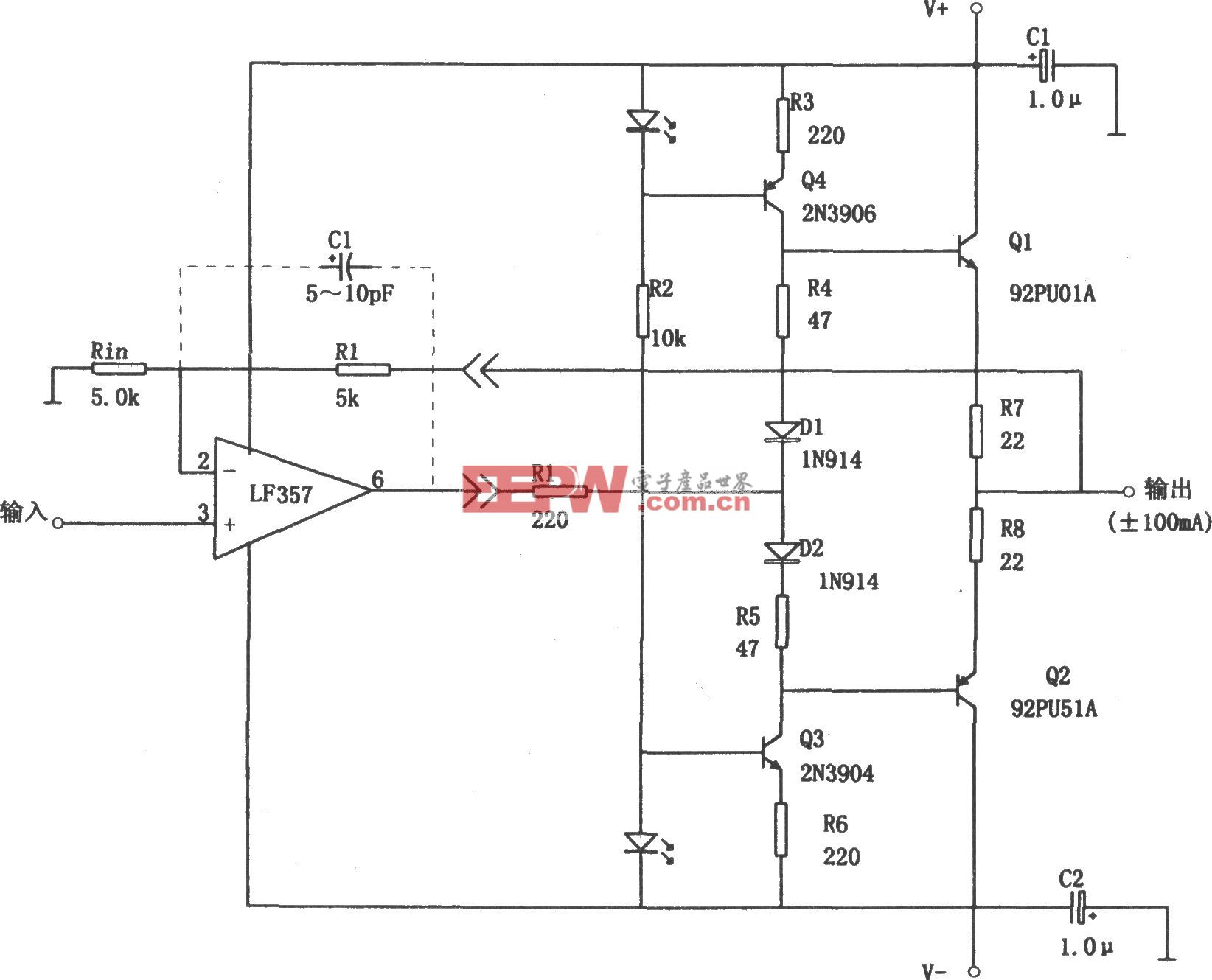 ±100mA输出电流缓冲器(LF357)