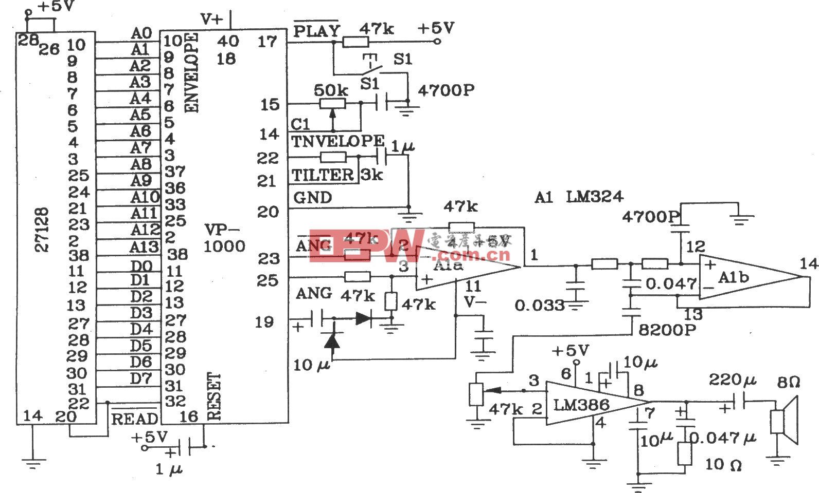 语音合成芯片VP-1000和EEPROM相连只作放音的电路图