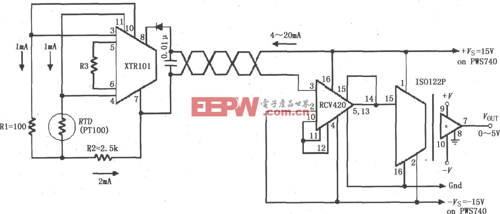 检测4～20mA环路仪器放大电路(ISO122P/124、XTR101、RCV420)