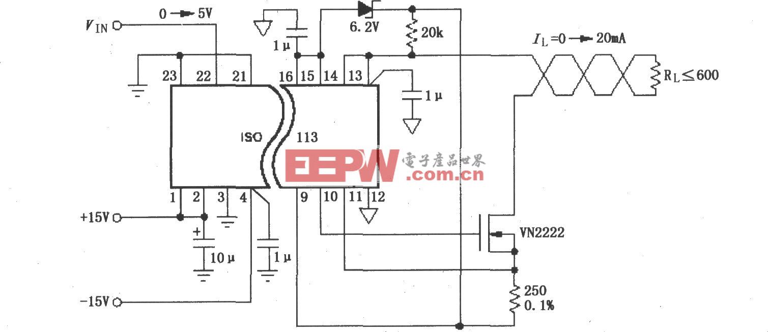 由ISO113构成的0～20mA隔离电流环驱动电路