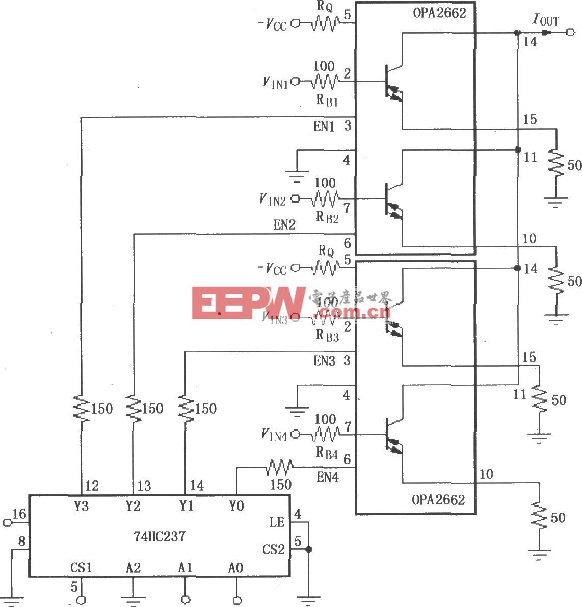 由双宽带跨导型运算放大器OPA2662构成的电流分配多路复用电路