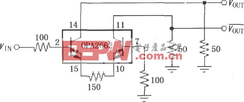 由OPA2662构成的单端输入、双端输出差分线驱动器电路