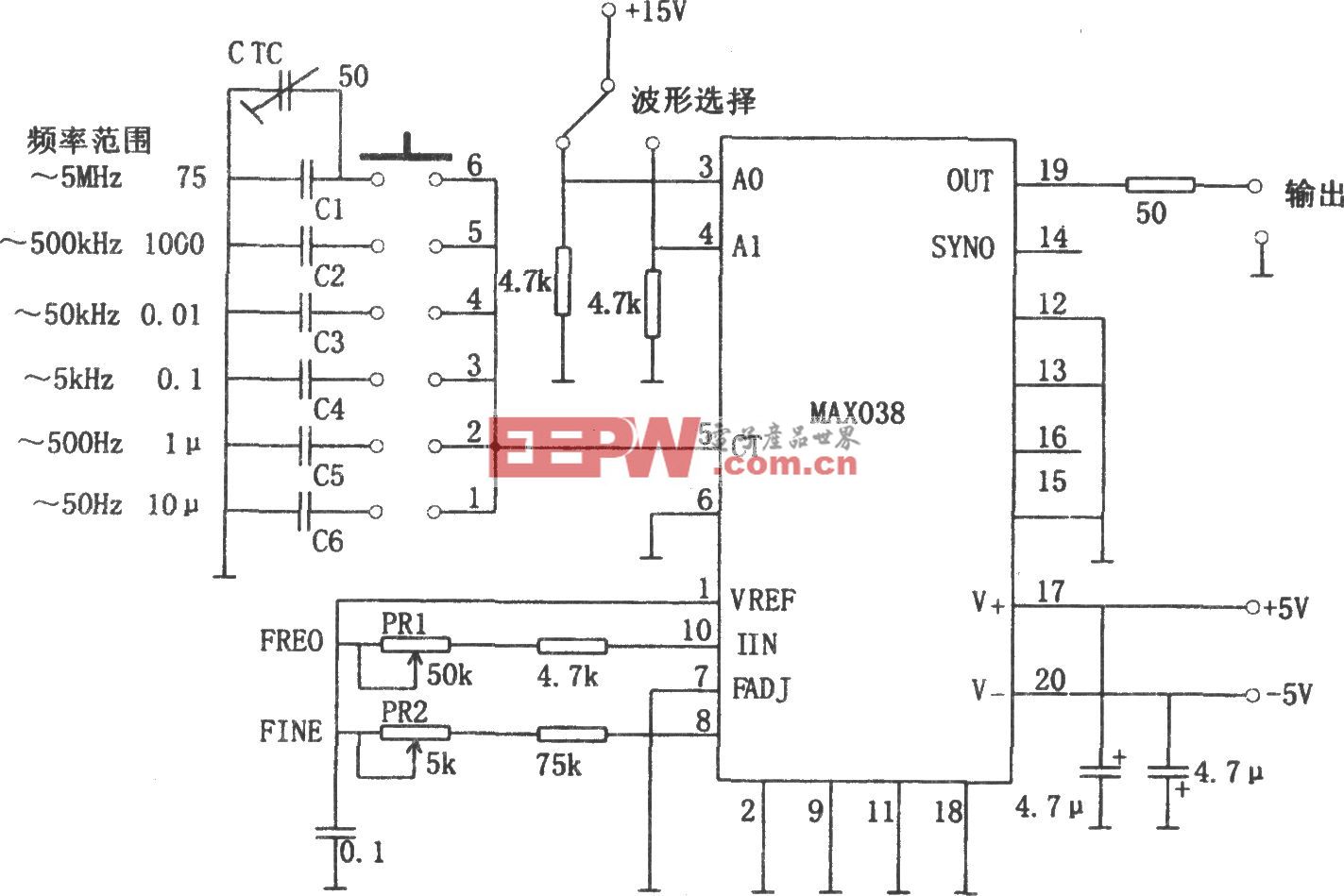 MAX038構(gòu)成的5Hz～5MHz函數(shù)發(fā)生器