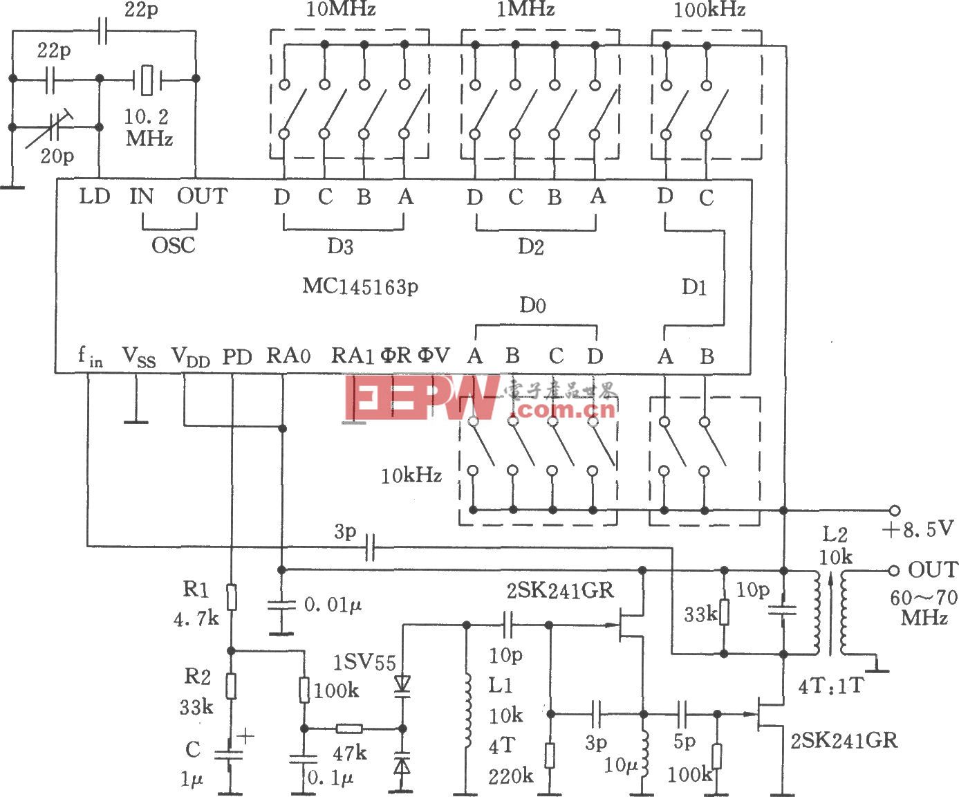 采用MC145163P构成的输出频率范围为60～70MHz的PLL频率合成器电路