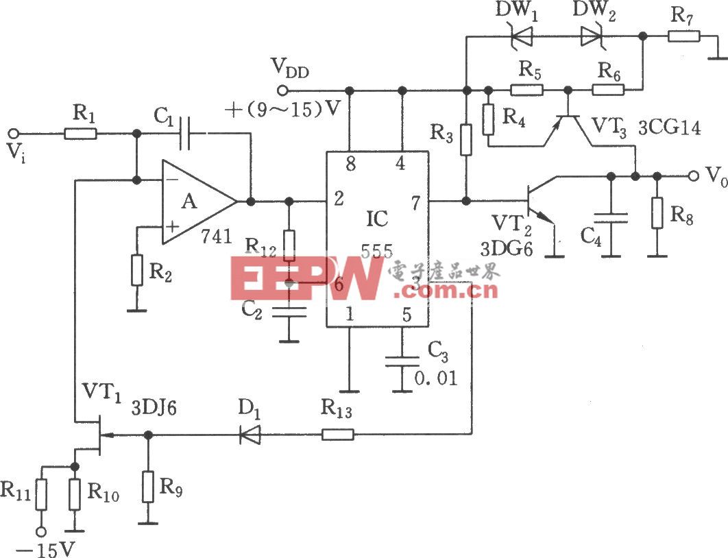 输出为线性锯齿波的电压／频率转换器电路(555)