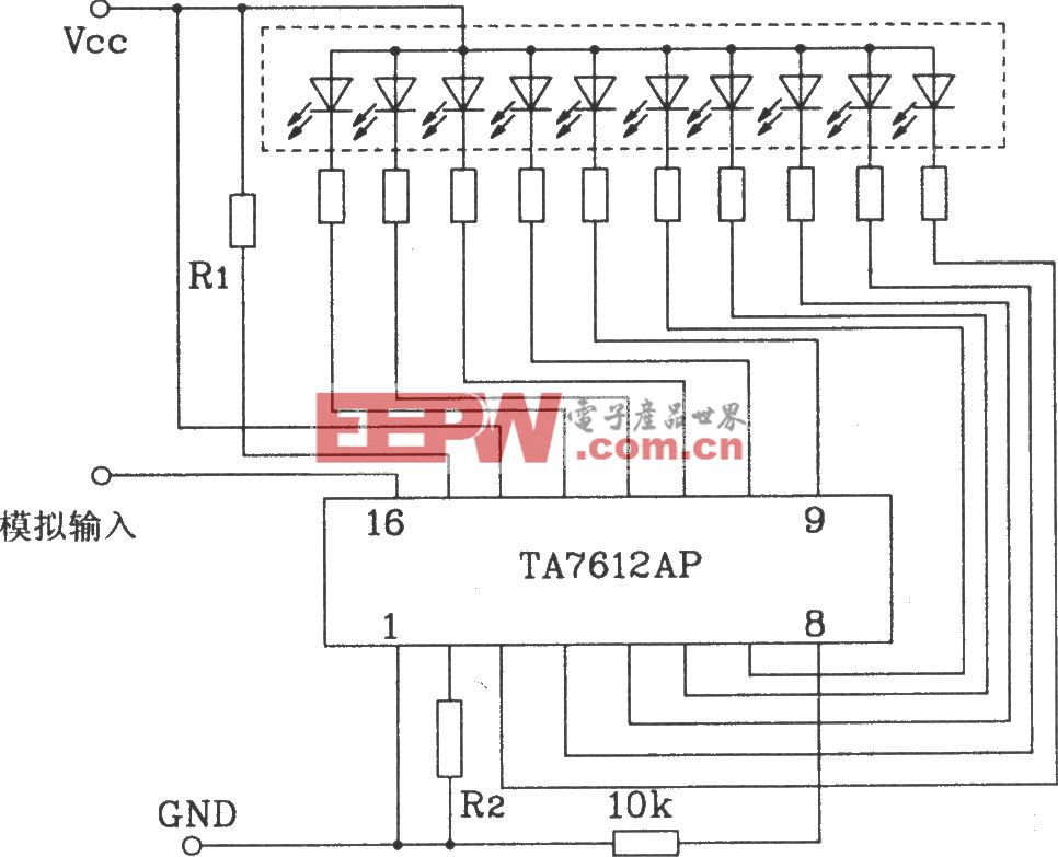 TA7612AP构成一条10点共阳极型对数显示驱动电路