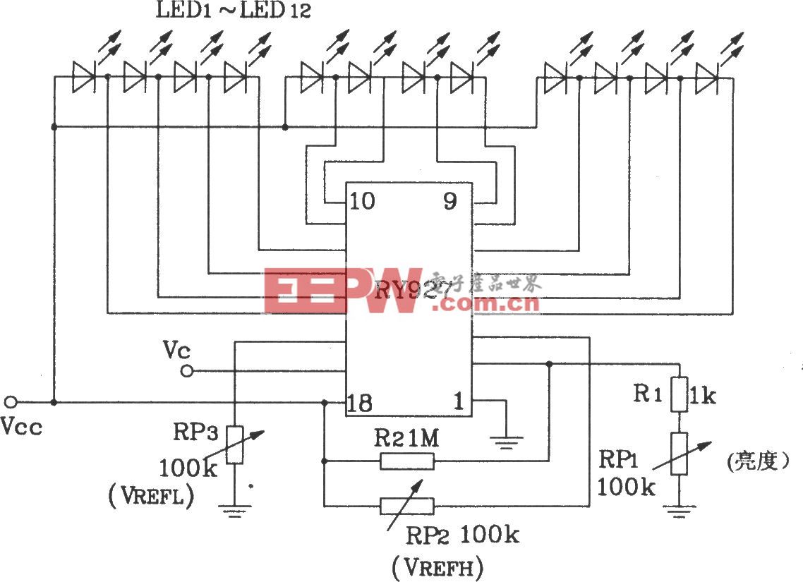 RY927多段LED驅動線性顯示器典型應用電路