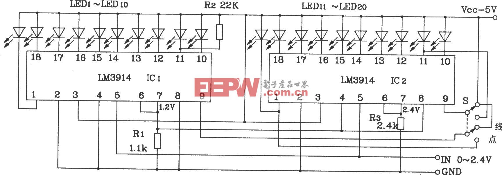 兩塊LM3914構成的20位LED點/線轉換顯示電路