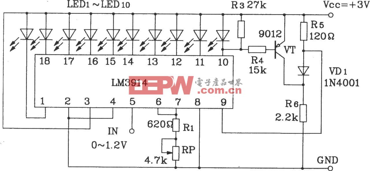 LM3914构成点显示、线溢出的LED显示电路