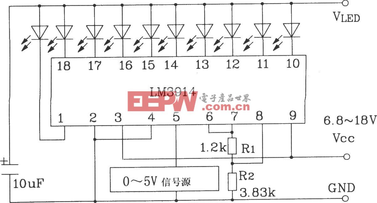 LM3914系列点/线图形LED显示驱动集成电路构成的0～5V线图指示器电路