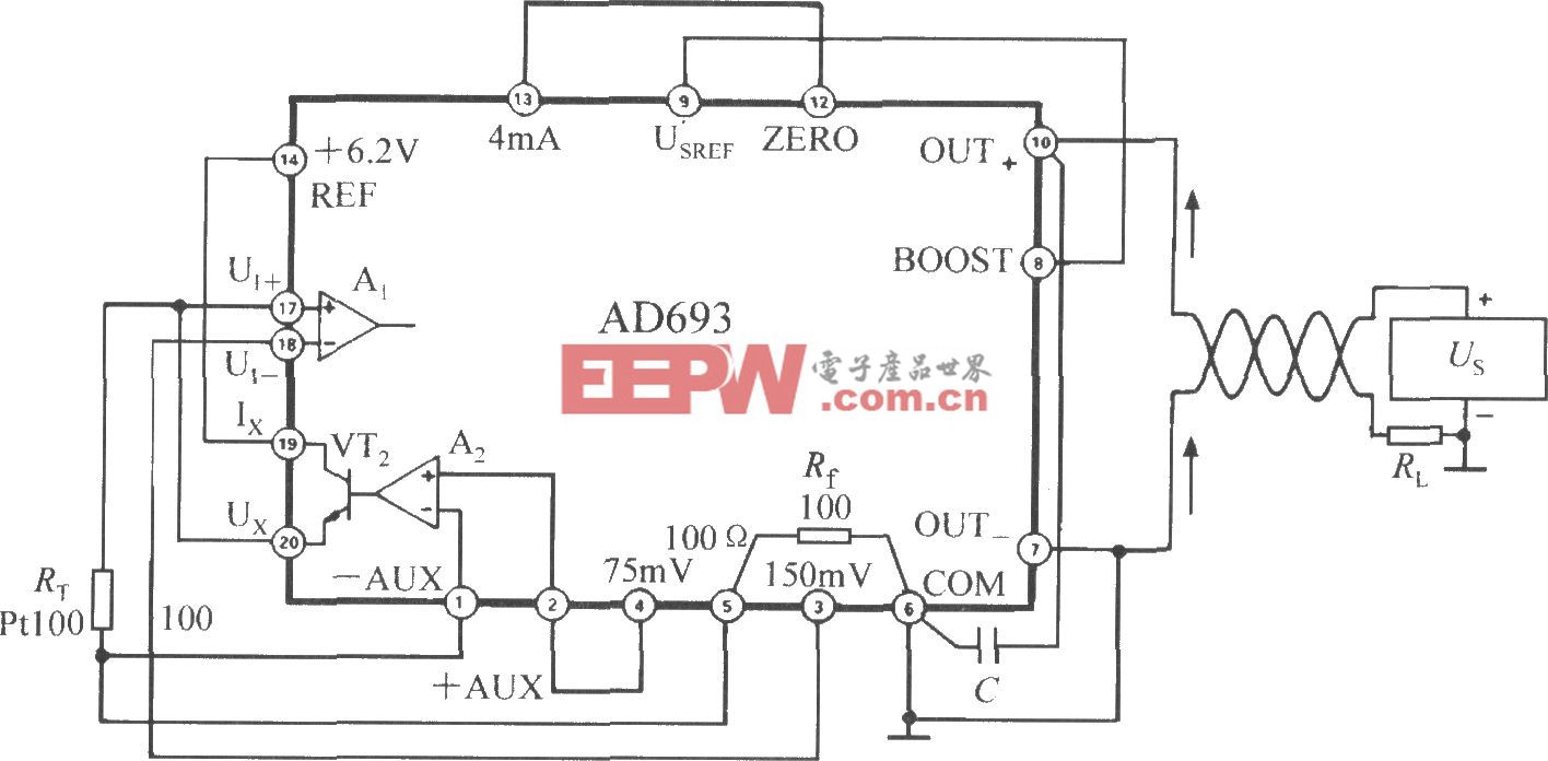 由多功能传感信号调理器AD693构成的PRTD信号调理器电路