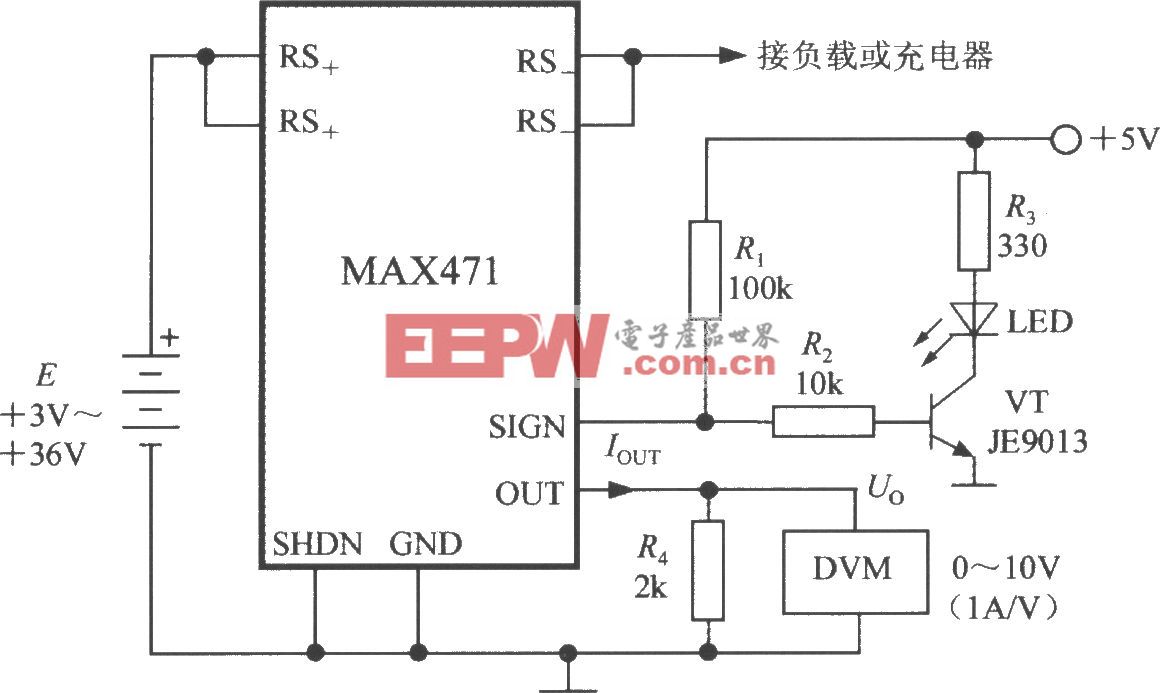 由集成电流传感器MAX471构成±3A电流监测仪的电路