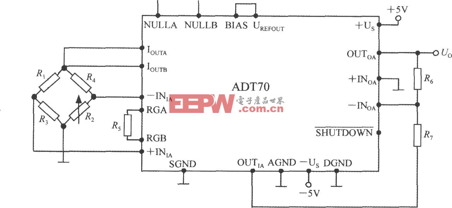 铂热电阻信号调理器ADT70ADT70在电阻应变仪中的应用电路