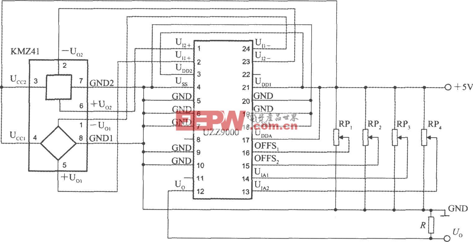 由角度传感器信号调理器UZZ9000和磁阻式传感器KMZ41构成的电压输出式角度检测电路