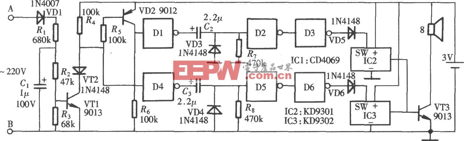停电、来电自动告知器(CD4069、KD9301、KD9302)