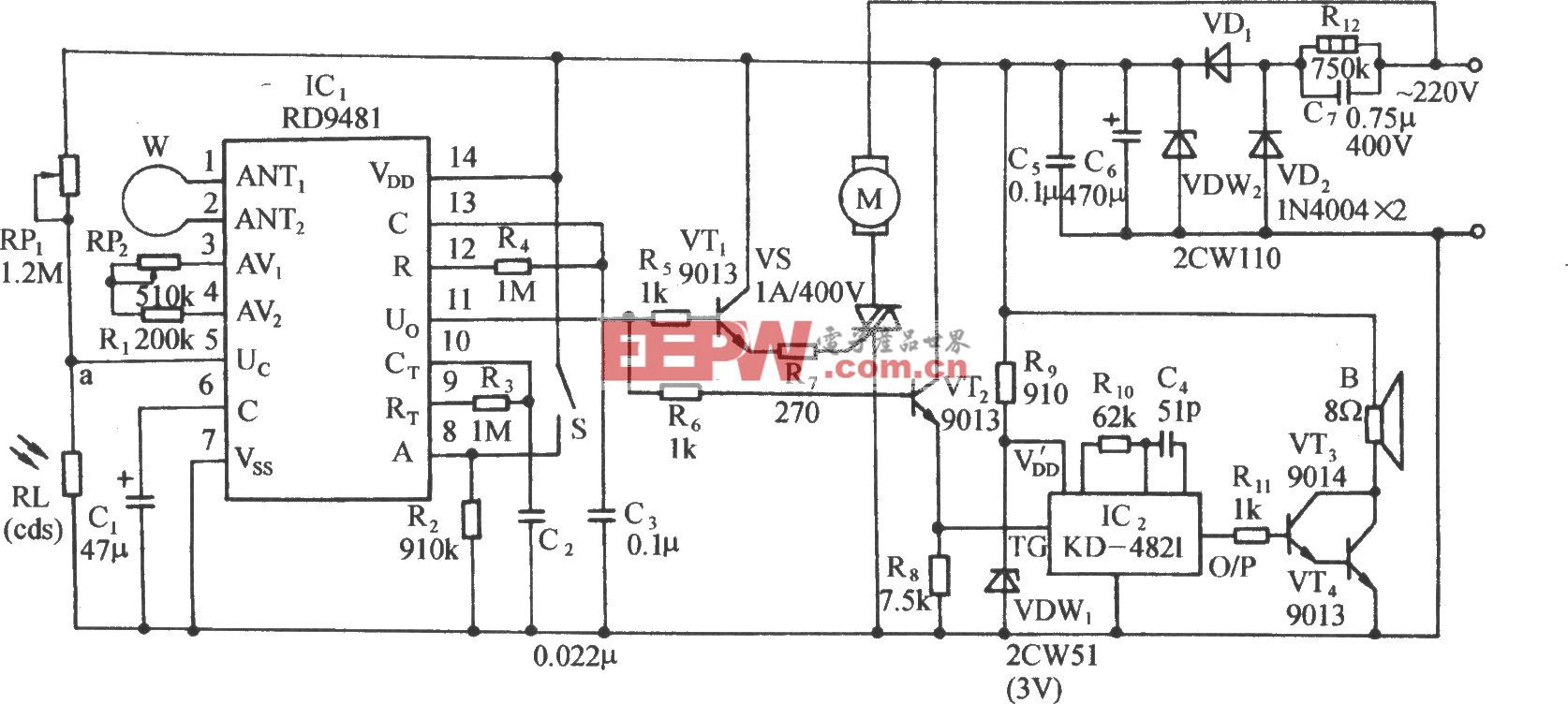 用RD9481多普勒效应传感器的电动机自动启动电路
