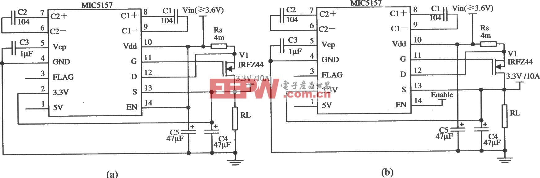由MIC5157构成的输出3.3 V／lOA的线性稳压器电路